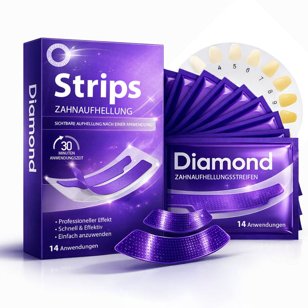 Diamond Smile 3D White Strips: lila Verpackung, 14 einzeln versiegelte Anwendungen und Zahnfarbskala